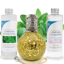Mamamanuela Pack économique Lampe Catalytique Mosaïque Doré + Parfum Mountain Mint (500 ml) + Nettoyant Neutre (200 ml) + Mèche de Rechange* Désodorisant Et Parfum D'Ambiance