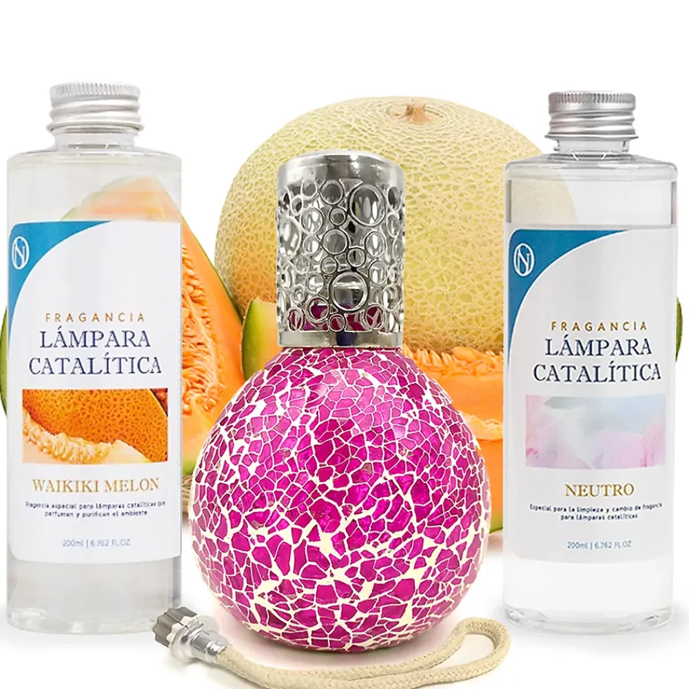 Mamamanuela Pack économique Lampe Catalytique Mosaïque Fuchsia + Parfum Waikiki Melon (200 ml) + Nettoyant Neutre (200 ml) + Mèche de Rechange* Désodorisant Et Parfum D'Ambiance