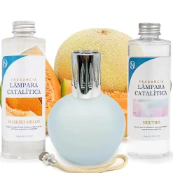 Pack économique Lampe Catalytique Bleu-Gris Mat + Parfum Waikiki Melon (200 ml) + Nettoyant Neutre (200 ml) + Mèche de Rechange>Mamamanuela