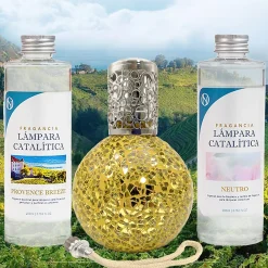 Pack économique Lampe Catalytique Mosaïque Doré + Parfum Provence Breeze (500 ml) + Nettoyant Neutre (200 ml) + Mèche de Rechange>Mamamanuela Online