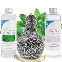 Mamamanuela Pack économique Lampe Catalytique Mosaïque Noir + Parfum Mountain Mint (500 ml) + Nettoyant Neutre (200 ml) + Mèche de Rechange* Désodorisant Et Parfum D'Ambiance