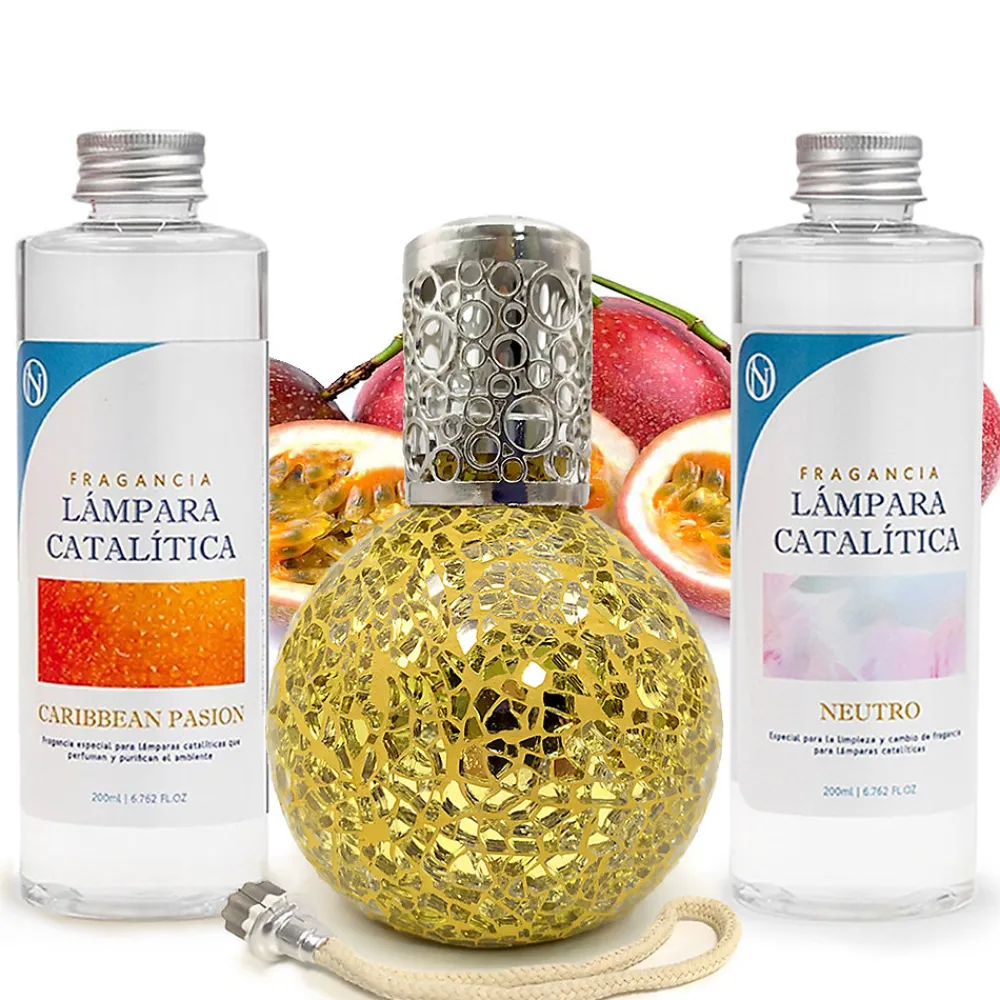 Pack économique Lampe Catalytique Mosaïque Doré + Parfum Caribbean Passion (200 ml) + Nettoyant Neutre (200 ml) + Mèche Rechange>Mamamanuela