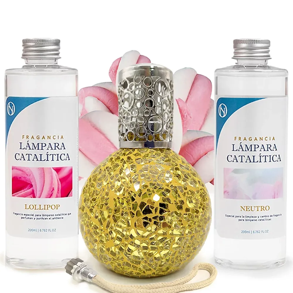 Mamamanuela Pack économique Lampe Catalytique Mosaïque Doré + Parfum Lollipop (500 ml) + Nettoyant Neutre (200 ml) + Mèche de Rechange* Désodorisant Et Parfum D'Ambiance