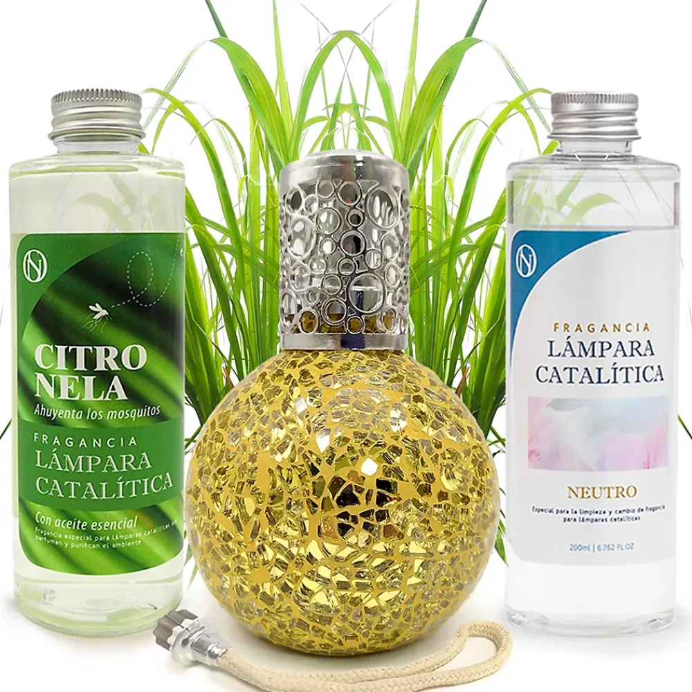 Mamamanuela Pack économique Lampe Catalytique Mosaïque Doré + Parfum Citronnelle (200 ml) + Nettoyant Neutre (200 ml) + Mèche de Rechange* Désodorisant Et Parfum D'Ambiance