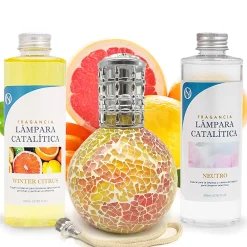 Mamamanuela Pack économique Lampe Catalytique Mosaïque Bicolore + Parfum Winter Citrus (500 ml) + Nettoyant Neutre (200 ml) + Mèche Rechange* Désodorisant Et Parfum D'Ambiance