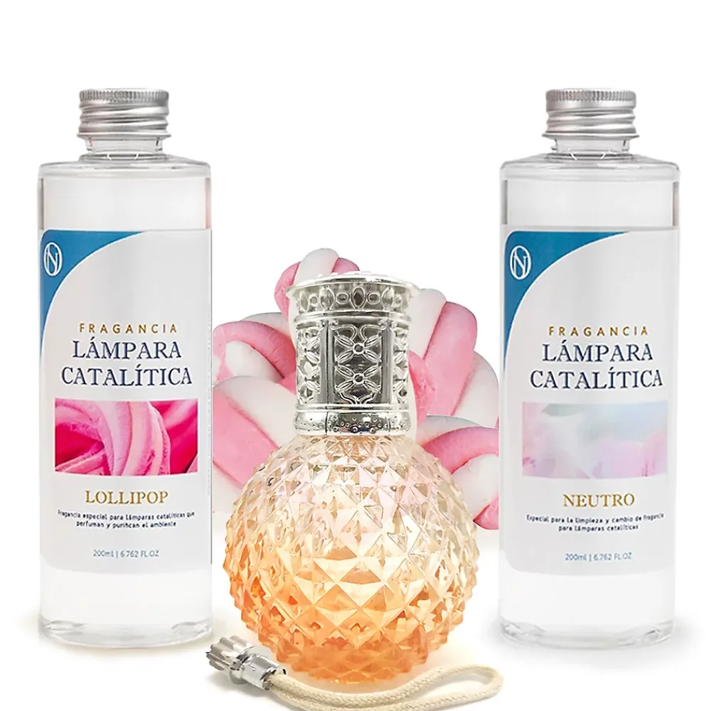 Mamamanuela Pack économique Lampe Catalytique Orange Diamonds + Parfum Lollipop (200 ml) + Nettoyant Neutre (200 ml) + Mèche de Rechange* Désodorisant Et Parfum D'Ambiance