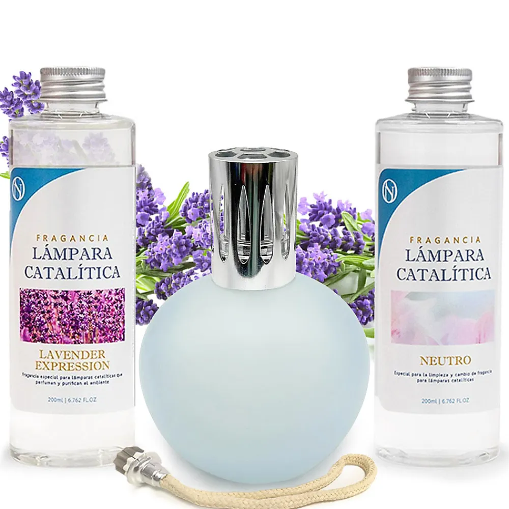 Mamamanuela Pack économique Lampe Catalytique Bleu Gris Mat + Parfum Lavender Expression (500ml) + Nettoyant Neutre (200ml) + Mèche Rechange* Désodorisant Et Parfum D'Ambiance