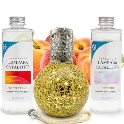Pack économique Lampe Catalytique Mosaïque Doré + Parfum Peach Velvet (200 ml) + Nettoyant Neutre (200 ml) + Mèche de Rechange>Mamamanuela Discount