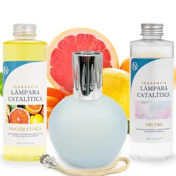 Pack économique Lampe Catalytique Bleu Gris Mat + Parfum Winter Citrus (500 ml) + Nettoyant Neutre (200 ml) + Mèche de Rechange>Mamamanuela Best