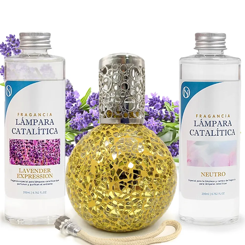 Mamamanuela Pack économique Lampe Catalytique Mosaïque Doré + Parfum Lavender Expression (200 ml) + Nettoyant Neutre (200 ml) + Mèche Rechange* Désodorisant Et Parfum D'Ambiance