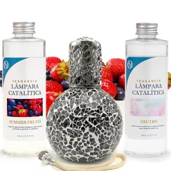 Mamamanuela Pack économique Lampe Catalytique Mosaïque Noir + Parfum Summer Fruits (500 ml) + Nettoyant Neutre (200 ml) + Mèche de Rechange* Désodorisant Et Parfum D'Ambiance