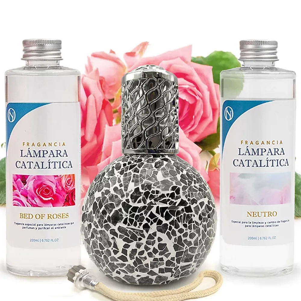 Mamamanuela Pack économique Lampe Catalytique Mosaïque Noir + Parfum Bed of Roses (200 ml) + Nettoyant Neutre (200 ml) + Mèche de Rechange* Désodorisant Et Parfum D'Ambiance