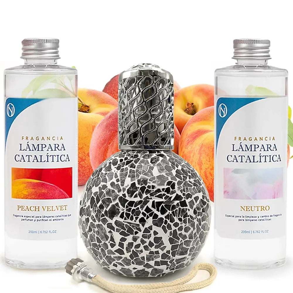 Mamamanuela Pack économique Lampe Catalytique Mosaïque Noir + Parfum Peach Velvet (500 ml) + Nettoyant Neutre (200 ml) + Mèche de Rechange* Désodorisant Et Parfum D'Ambiance