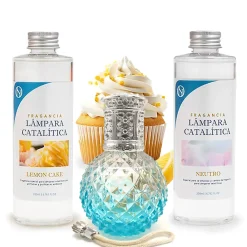 Mamamanuela Pack économique Lampe Catalytique Blue Diamonds + Parfum Lemon Cake (200 ml) + Nettoyant Neutre (200 ml) + Mèche de Rechange* Désodorisant Et Parfum D'Ambiance