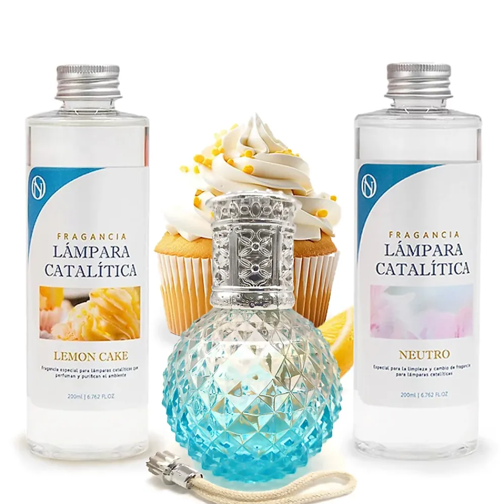 Mamamanuela Pack économique Lampe Catalytique Blue Diamonds + Parfum Lemon Cake (200 ml) + Nettoyant Neutre (200 ml) + Mèche de Rechange* Désodorisant Et Parfum D'Ambiance