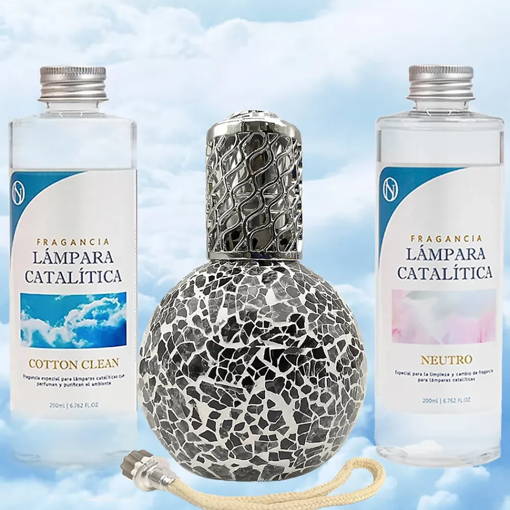 Mamamanuela Pack économique Lampe Catalytique Mosaïque Noir + Parfum Cotton Clean (500 ml) + Nettoyant Neutre (200 ml) + Mèche de Rechange* Désodorisant Et Parfum D'Ambiance