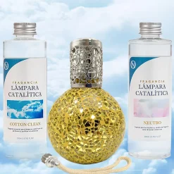 Pack économique Lampe Catalytique Mosaïque Doré + Parfum Cotton Clean (500 ml) + Nettoyant Neutre (200 ml) + Mèche de Rechange>Mamamanuela Discount