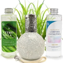 Pack économique Lampe Catalytique Mosaïque Blanc + Parfum Citronnelle (200 ml) + Nettoyant Neutre (200 ml) + Mèche de Rechange>Mamamanuela