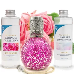 Mamamanuela Pack économique Lampe Catalytique Mosaïque Fuchsia + Parfum Bed of Roses (200 ml) + Nettoyant Neutre (200 ml) + Mèche de Rechange* Désodorisant Et Parfum D'Ambiance