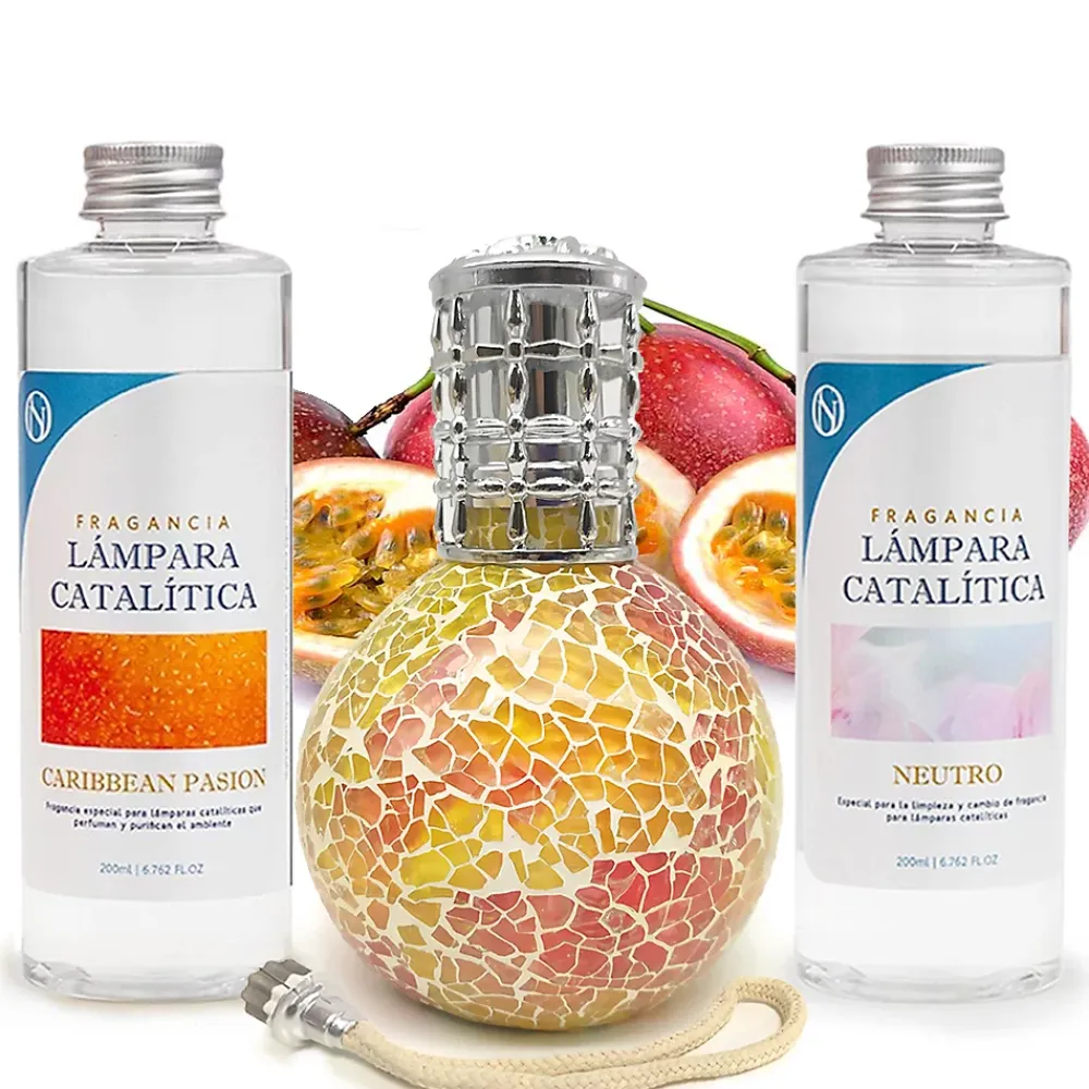 Mamamanuela Pack économique Lampe Catalytique Mosaïque Bicolore + Parfum Caribbean Passion (500ml) + Nettoyant Neutre (200ml) + Mèche Rechange* Désodorisant Et Parfum D'Ambiance