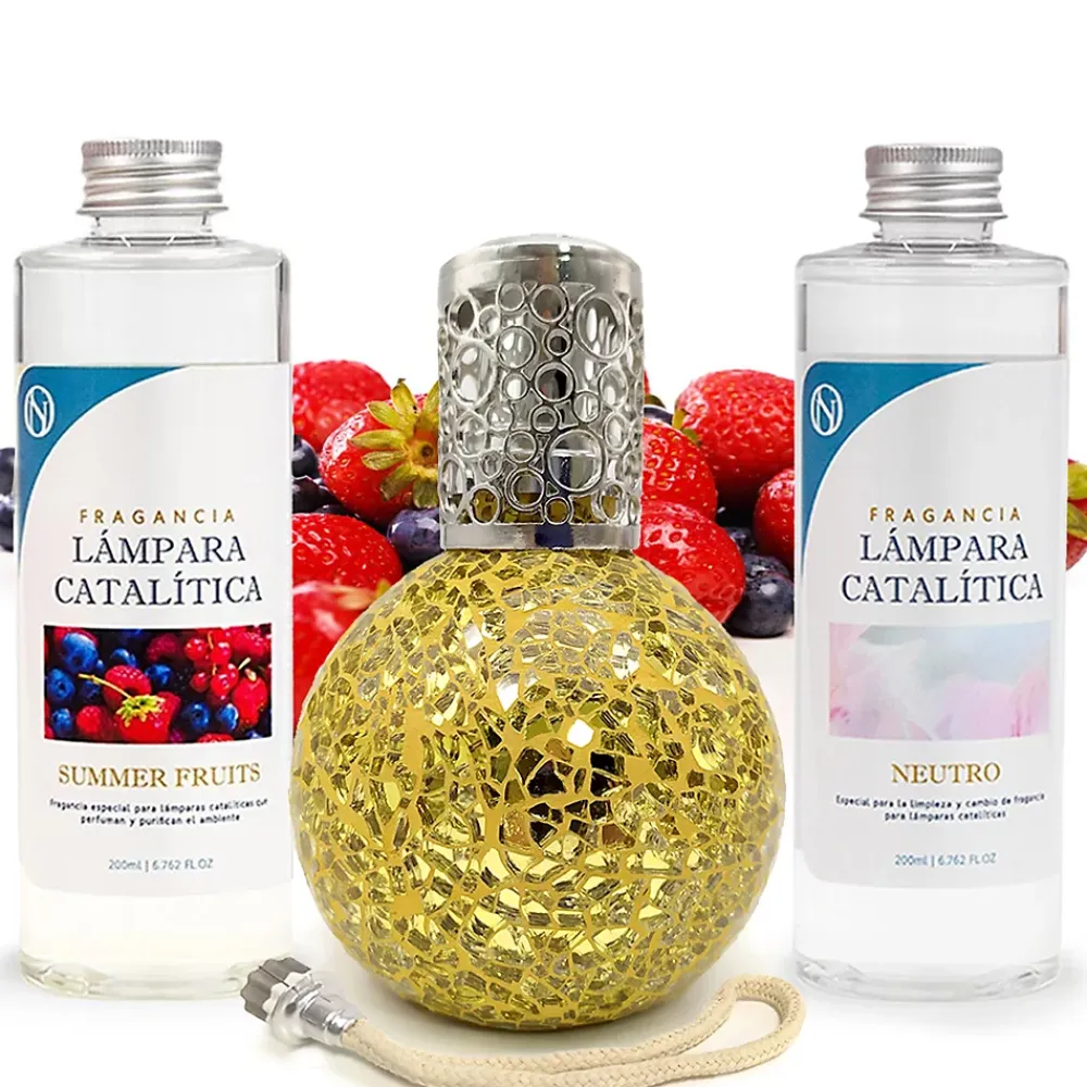 Mamamanuela Pack économique Lampe Catalytique Mosaïque Doré + Parfum Summer Fruits (200 ml) + Nettoyant Neutre (200 ml) + Mèche de Rechange* Désodorisant Et Parfum D'Ambiance