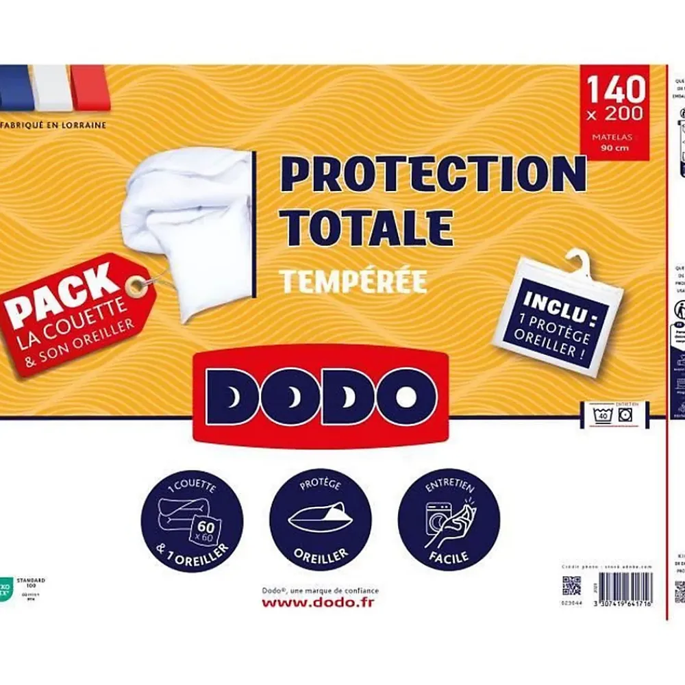 Dodo Pack couette 140x200 cm + 1 oreiller 60x60 cm + 1 Protege oreiller 60x60 cm - garnissage 100% Polyester - 350g/m² - blanc -* Couette