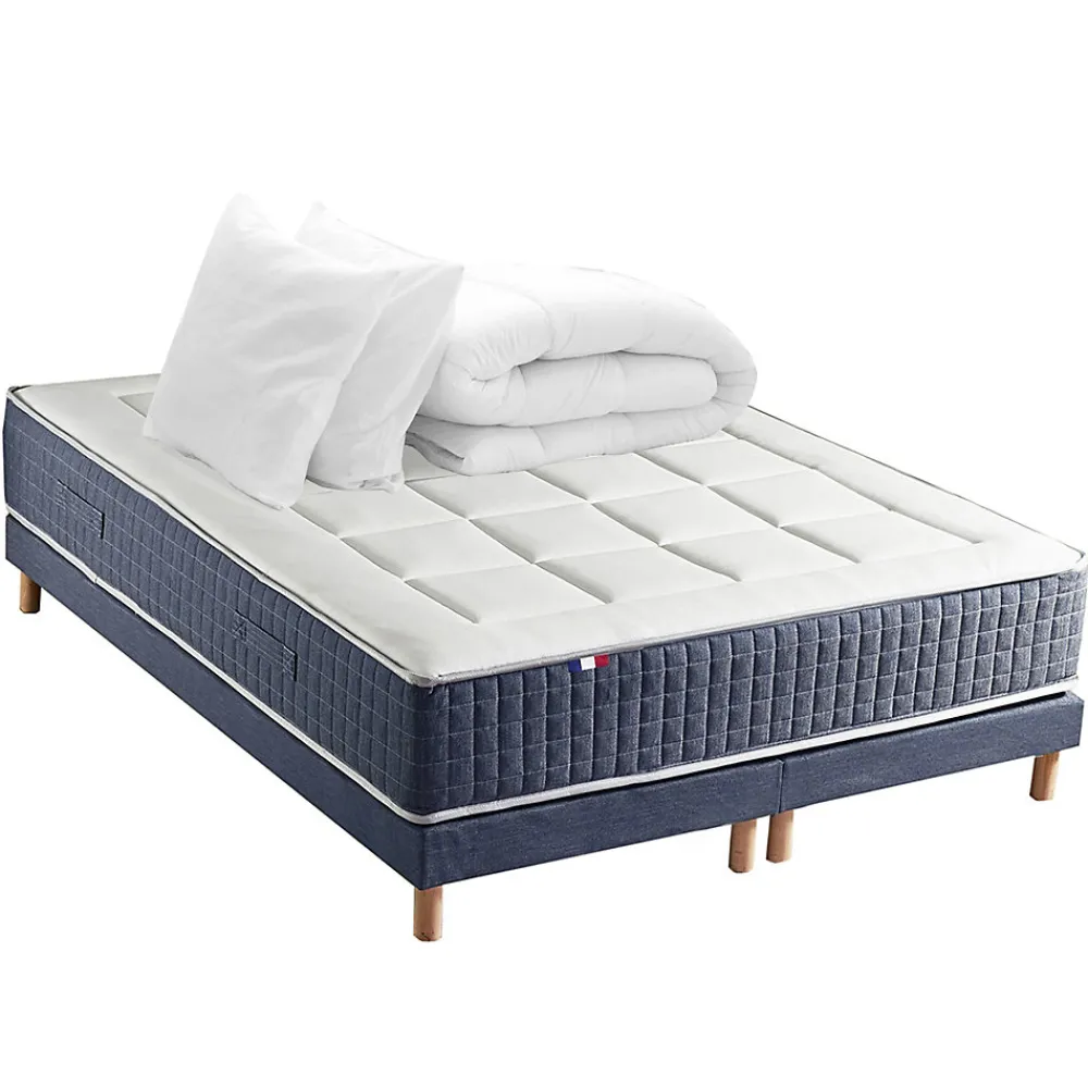 Pack matelas 7 zones sommier bleu couette oreillers 160x200>Idliterie New