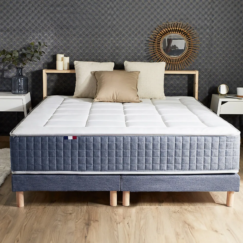 Pack matelas 7 zones sommier bleu couette oreillers 160x200>Idliterie New