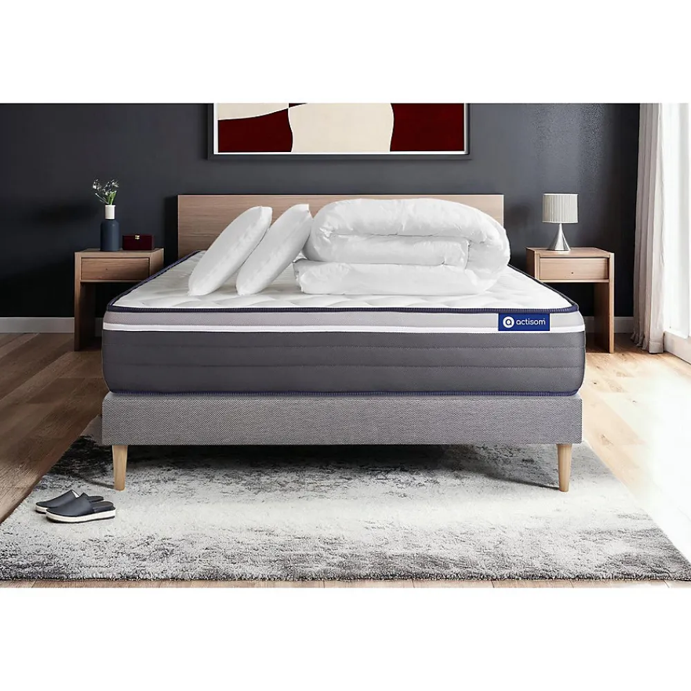 Actisom Pack sommier kit matelas Latex et mémoire de forme avec couette et oreillers* Ensemble Sommier Et Matelas