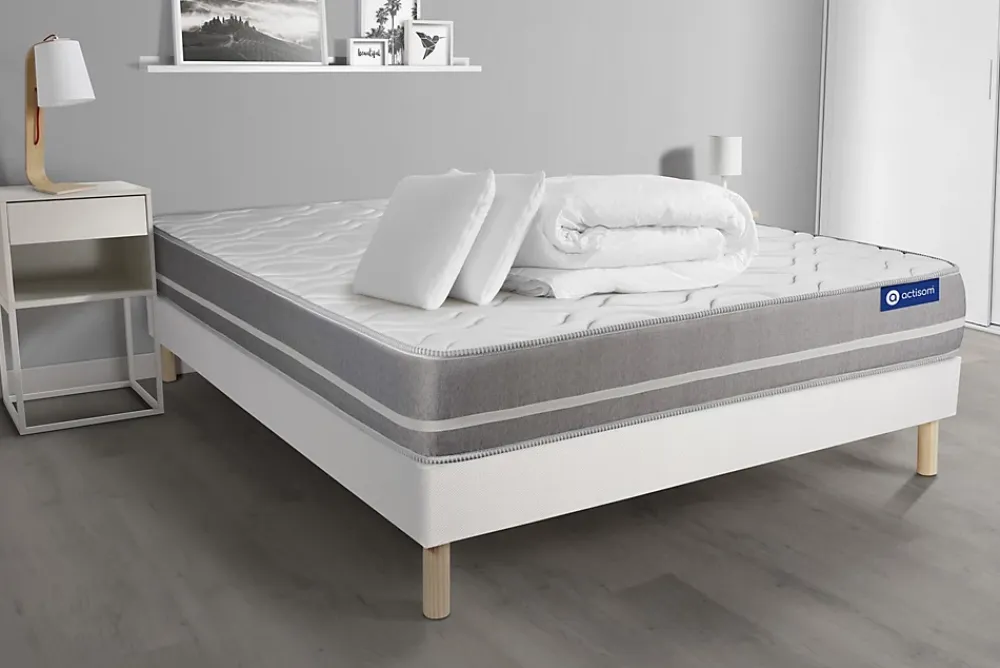 Actisom Pack sommier kit matelas Mémoire de forme avec couette et oreillers* Ensemble Sommier Et Matelas