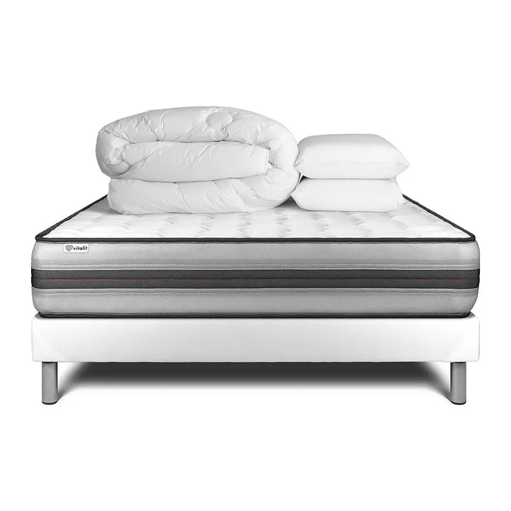 Pack sommier kit matelas Ressorts ensachés et mémoire de forme avec couette et oreillers>Vitalit