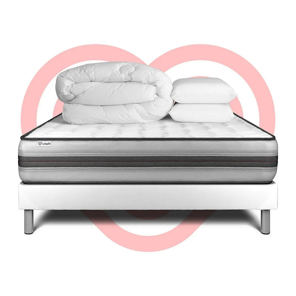 Pack sommier kit matelas Ressorts ensachés et mémoire de forme avec couette et oreillers>Vitalit