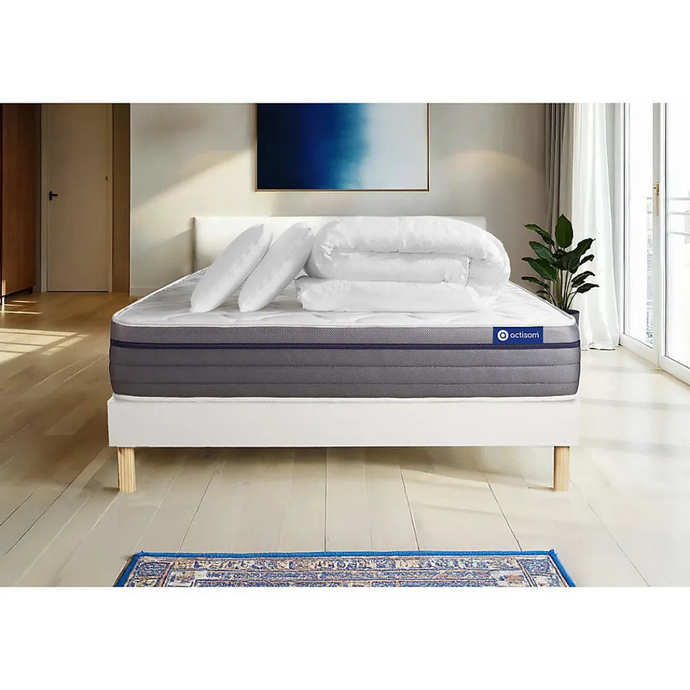 Actisom Pack sommier kit matelas Latex et mémoire de forme avec couette et oreillers* Ensemble Sommier Et Matelas