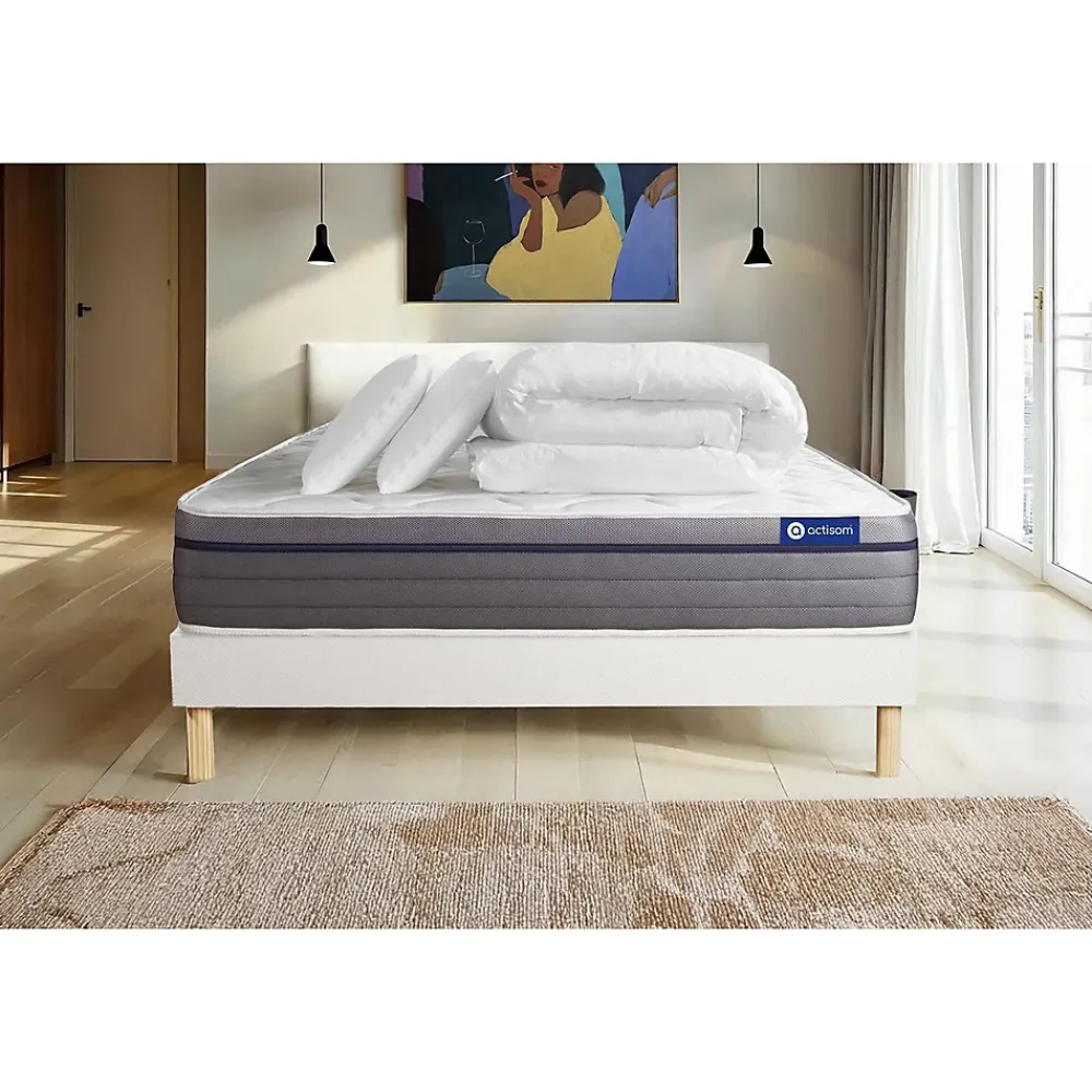 Actisom Pack sommier kit matelas Mémoire de forme avec couette et oreillers* Ensemble Sommier Et Matelas
