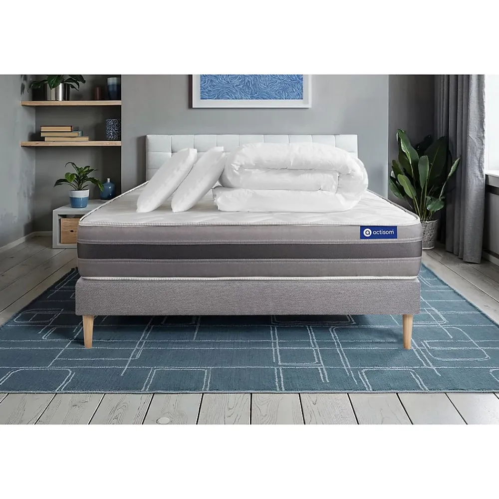 Actisom Pack sommier kit matelas Mémoire de forme avec couette et oreillers* Ensemble Sommier Et Matelas