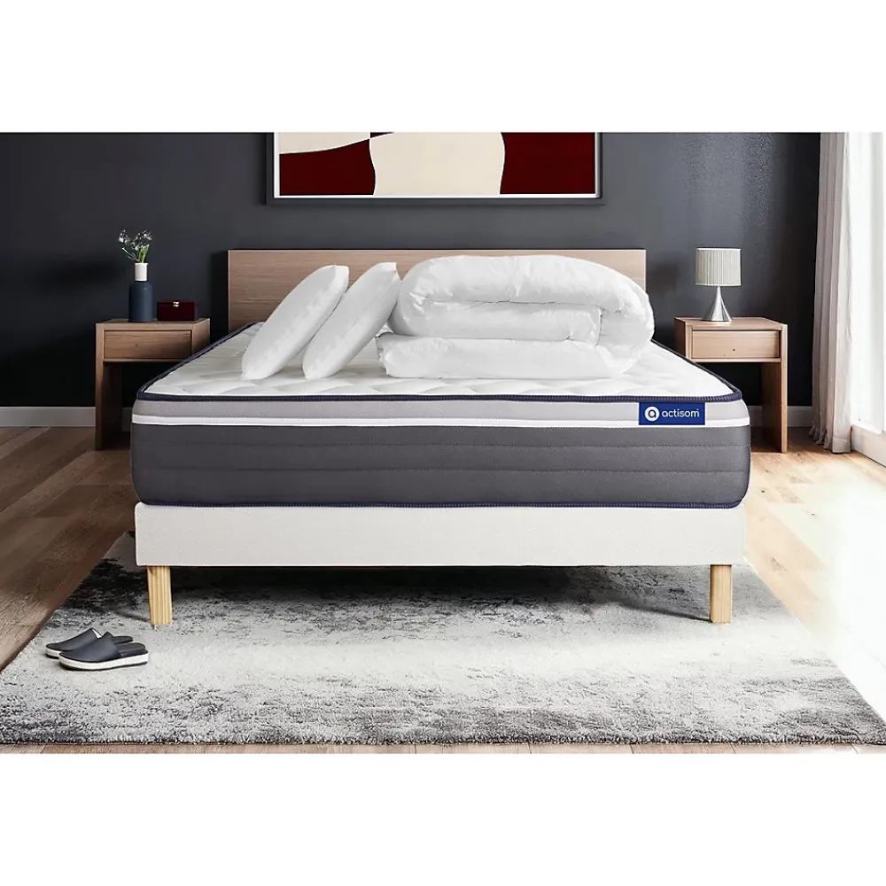 Actisom Pack sommier kit matelas Latex et mémoire de forme avec couette et oreillers* Ensemble Sommier Et Matelas