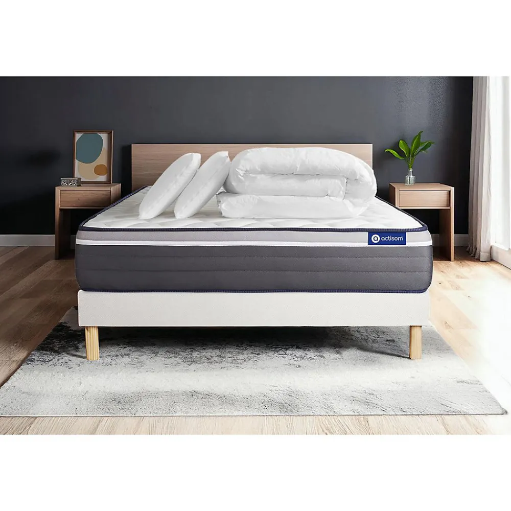 Pack sommier kit matelas Mémoire de forme avec couette et oreillers>Actisom Hot