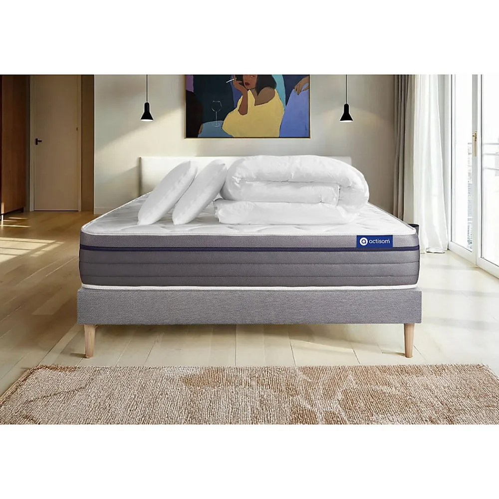 Actisom Pack sommier kit matelas Mémoire de forme avec couette et oreillers* Ensemble Sommier Et Matelas