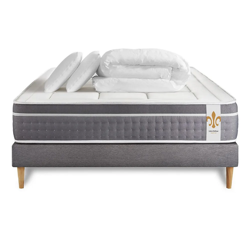 Pack sommier kit matelas Ressorts ensachés et mémoire de forme avec couette et oreillers>Litier Deluxe
