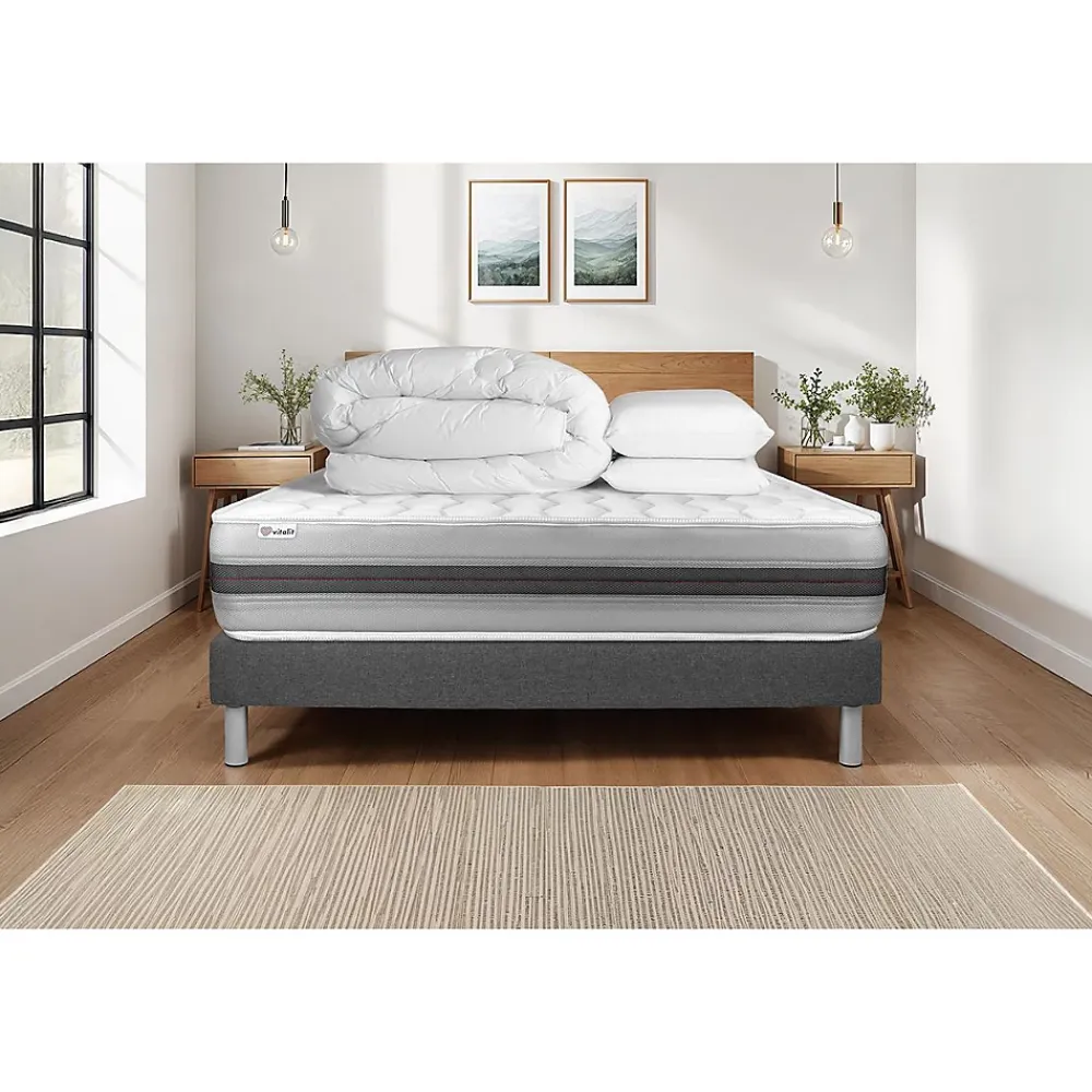 Vitalit Pack sommier kit matelas Ressorts ensachés et mémoire de forme avec couette et oreillers* Ensemble Sommier Et Matelas