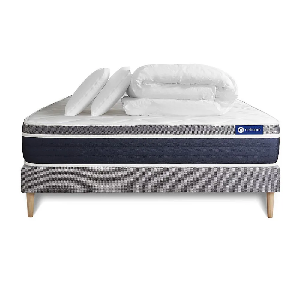 Actisom Pack sommier kit matelas Ressorts ensachés et mémoire de forme avec couette et oreillers* Ensemble Sommier Et Matelas