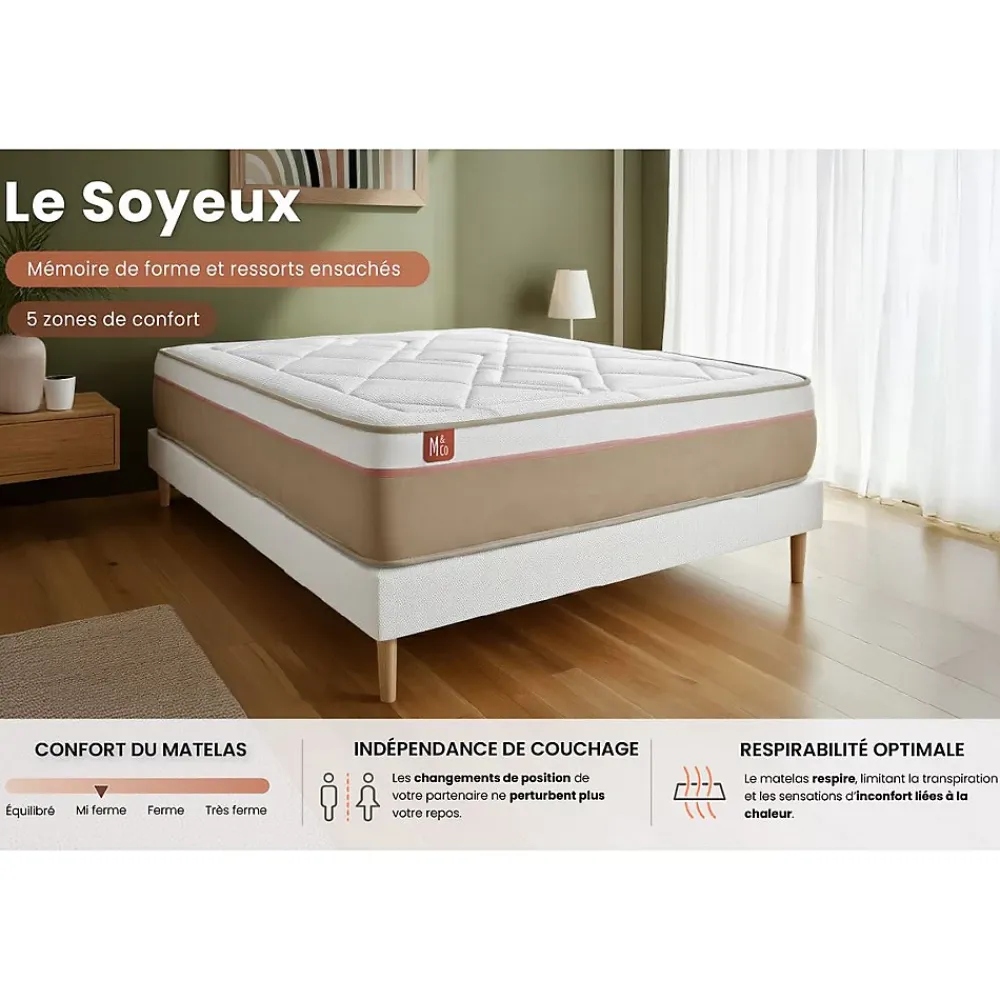 Marmottes & Co Pack sommier tapissier matelas Ressorts ensachés et mémoire de forme avec couette et oreillers* Ensemble Sommier Et Matelas