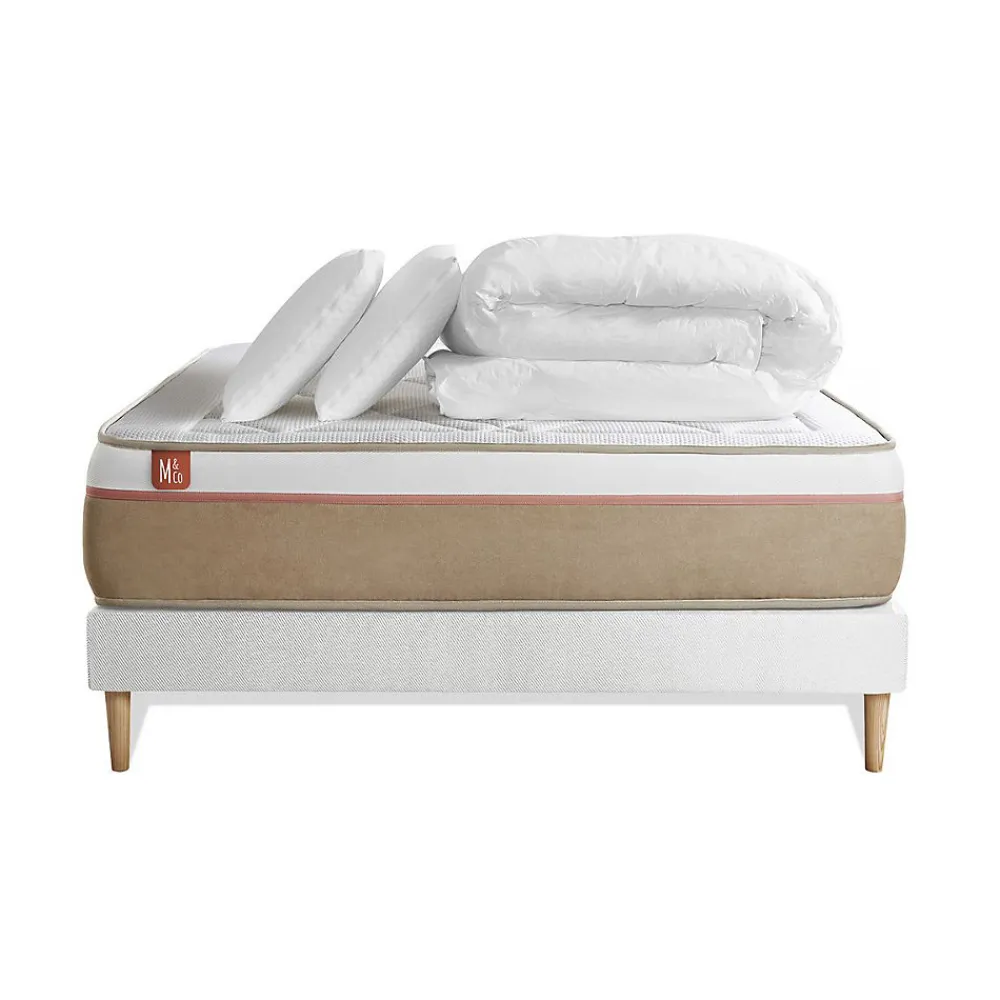 Marmottes & Co Pack sommier tapissier matelas Ressorts ensachés et mémoire de forme avec couette et oreillers* Ensemble Sommier Et Matelas