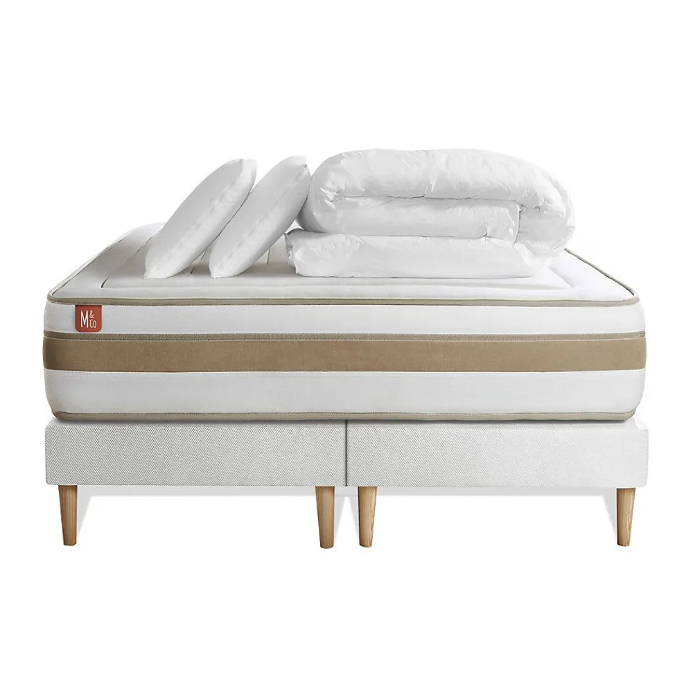 Marmottes & Co Pack sommier tapissier matelas Ressorts ensachés et mémoire de forme avec couette et oreillers* Ensemble Sommier Et Matelas