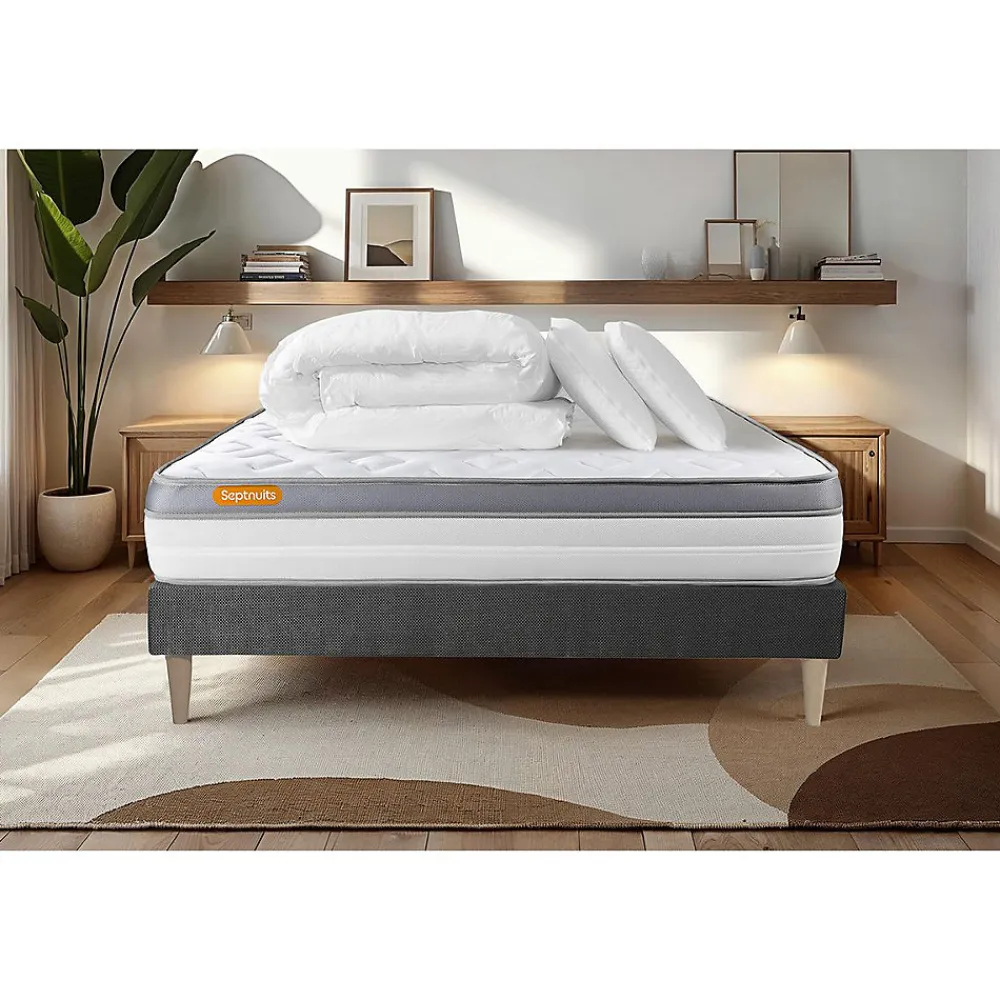 Sept Nuits Pack sommier tapissier matelas Mémoire de forme avec couette et oreillers* Ensemble Sommier Et Matelas