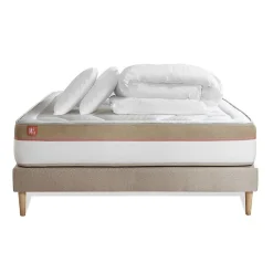 Marmottes & Co Pack sommier tapissier matelas Mémoire de forme avec couette et oreillers* Ensemble Sommier Et Matelas