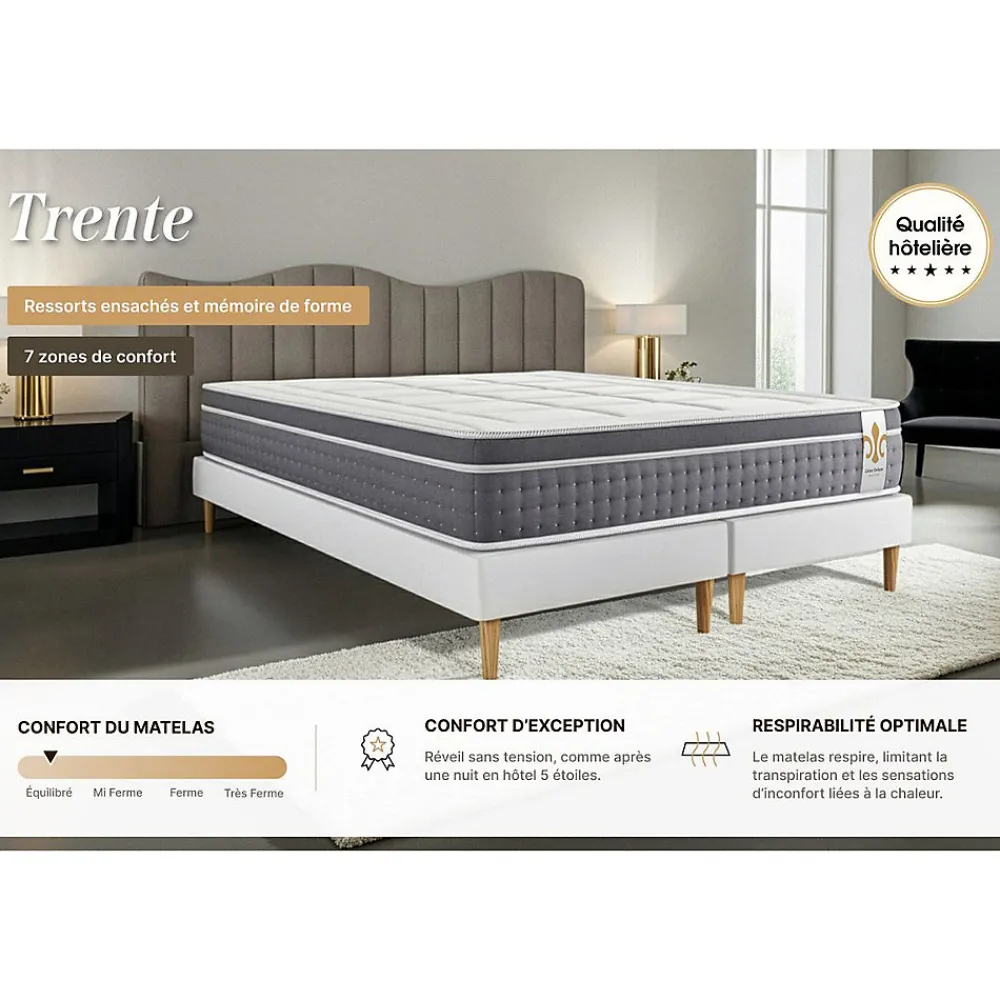 Pack sommier tapissier matelas Ressorts ensachés et mémoire de forme avec couette et oreillers>Litier Deluxe New