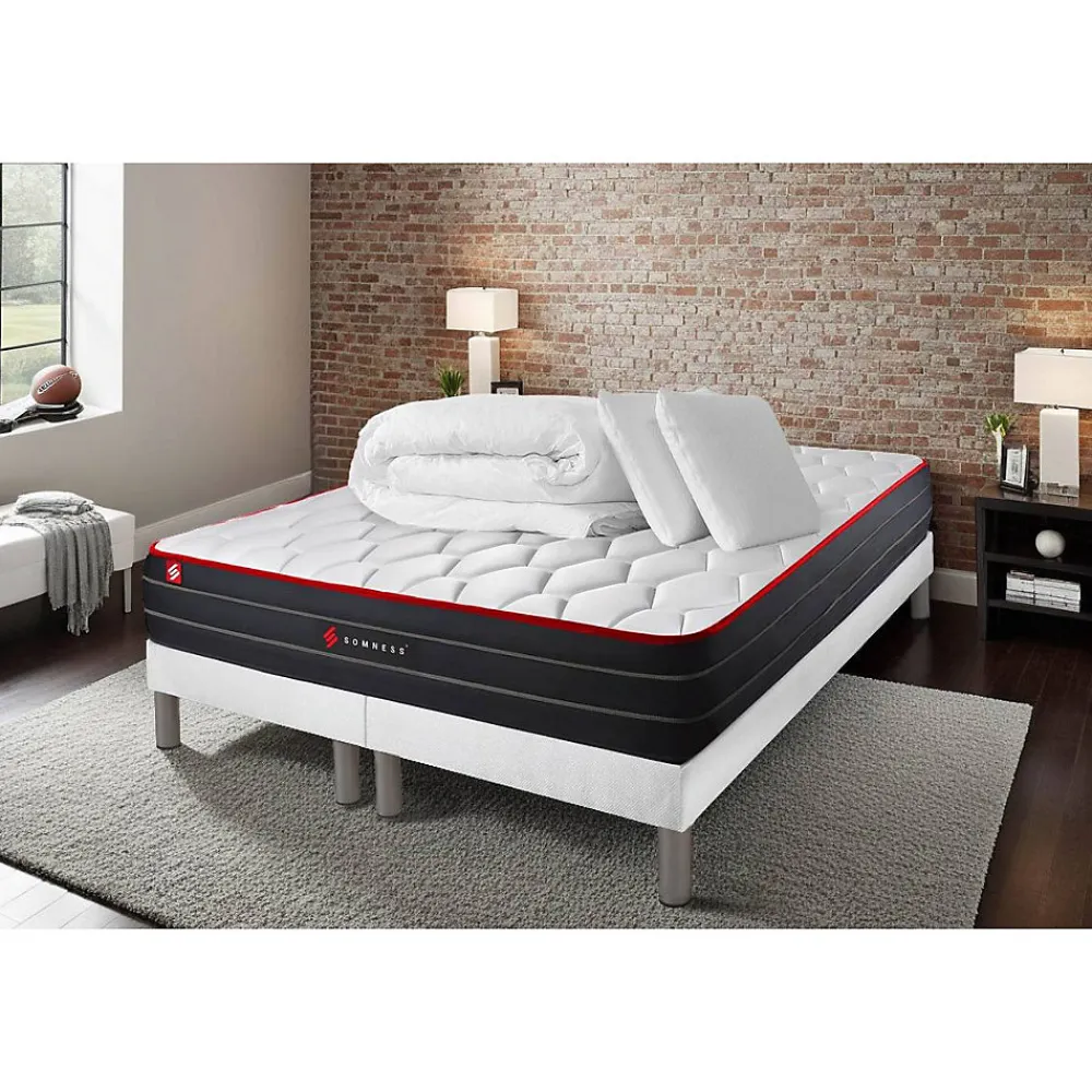 Somness Pack sommier tapissier matelas Ressorts ensachés et mémoire de forme avec couette et oreillers* Ensemble Sommier Et Matelas