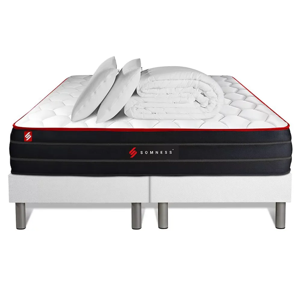 Somness Pack sommier tapissier matelas Ressorts ensachés et mémoire de forme avec couette et oreillers* Ensemble Sommier Et Matelas