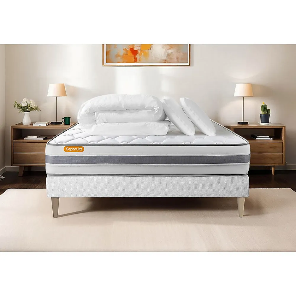 Pack sommier tapissier matelas Ressorts ensachés et mémoire de forme avec couette et oreillers>Sept Nuits New